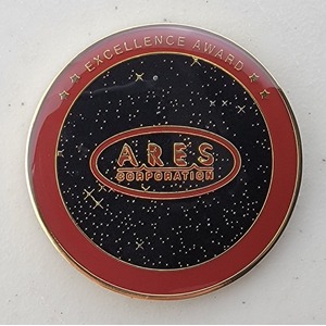 Custom Business Challenge Coin for ARES, side 1. Features and context: Business Challenge Coin, Corporate Coin, Corporation.