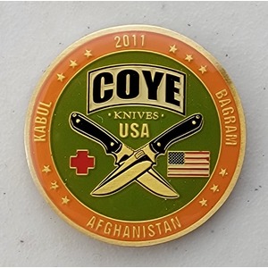 Custom Business Challenge Coin for COYE KNIVES, side 1. Features and context: Business Challenge Coin, Corporate Coin, Corporation.