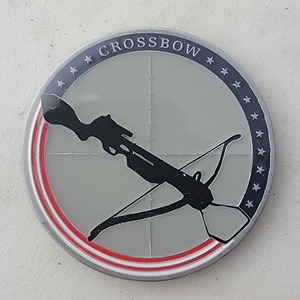 Custom Business Challenge Coin for CROSSBOW - BALL CORP, side 1. Features and context: Business Challenge Coin, Corporate Coin, Contractor.