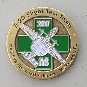 Custom Business Challenge Coin for E-2D FLIGHT TEST TEAM - NORTHROP GRUMMAN, side 1. Features and context: Business Challenge Coin, Corporate Coin, Contractor.