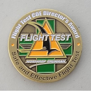 Custom Business Challenge Coin for E-2D FLIGHT TEST TEAM - NORTHROP GRUMMAN, side 2. Features and context: Business Challenge Coin, Corporate Coin, Contractor.
