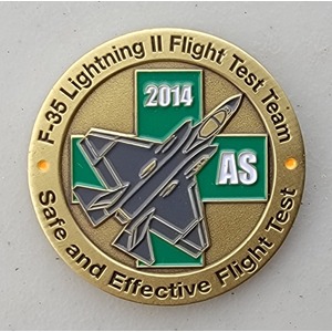 Custom Business Challenge Coin for F-35 LIGHTNING II FLIGHT TEST TEAM, side 1. Features and context: Business Challenge Coin, Corporate Coin, F-35, Contractor.