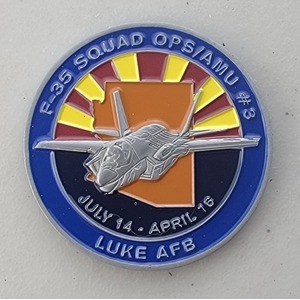 Custom Business Challenge Coin for F-35 SQUAD OPS/AMU #3, side 1. Features and context: Business Challenge Coin, Corporate Coin, Air Force, AMU, F-35, Contractor.