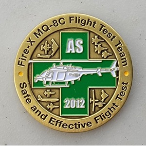 Custom Business Challenge Coin for FIRE-X MQ-8C FLIGHT TEST TEAM, side 1. Features and context: Business Challenge Coin, Corporate Coin, Contractor.