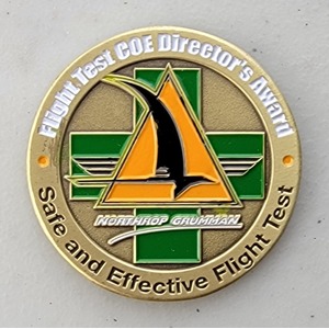 Custom Business Challenge Coin for N-UCAS FLIGHT TEST TEAM - GRAY, side 2. Features and context: Business Challenge Coin, Corporate Coin, Contractor.
