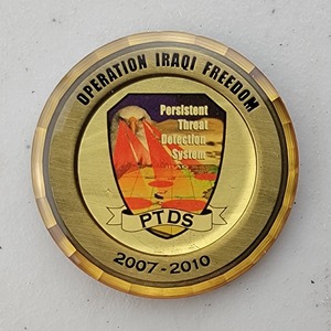 Custom Business Challenge Coin for PTDS - OIF, side 1. Features and context: Business Challenge Coin, Corporate Coin, Army, Contractor.