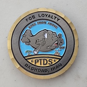 Custom Business Challenge Coin for PTDS - OIF, side 2. Features and context: Business Challenge Coin, Corporate Coin, Army, Contractor.