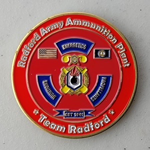 Custom Business Challenge Coin for RADFORD ARMY AMMUNITION PLANT, side 1. Features and context: Business Challenge Coin, Corporate Coin, Army, Contractor.