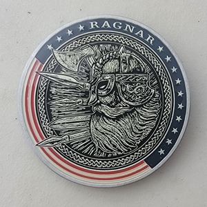 Custom Business Challenge Coin for RAGNAR - BALL CORP, side 1. Features and context: Business Challenge Coin, Corporate Coin, Contractor.