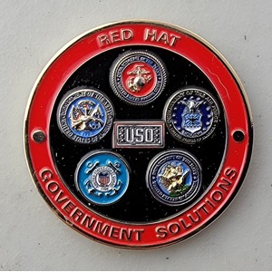 Custom Business Challenge Coin for REDHAT - DOD GOVERMENT SOLUTIONS, side 1. Features and context: Business Challenge Coin, Corporate Coin, DOD, Contractor.