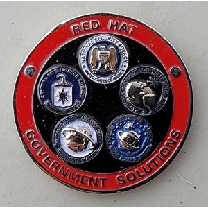 Custom Business Challenge Coin for REDHAT - GOVERMENT SOLUTIONS, side 1. Features and context: Business Challenge Coin, Corporate Coin, Contractor.