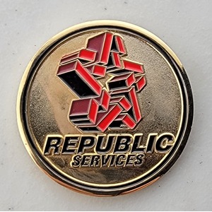 Custom Business Challenge Coin for REPUBLIC SERICES, side 1. Features and context: Business Challenge Coin, Corporate Coin, Corporation.