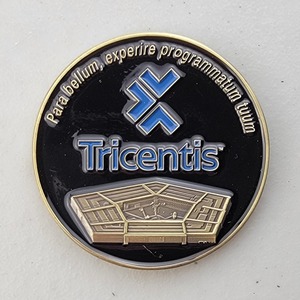 Custom Business Challenge Coin for TRICENTIS, side 1. Features and context: Business Challenge Coin, Corporate Coin, Contractor.