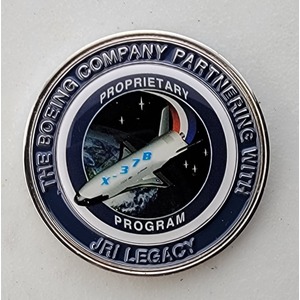 Custom Business Challenge Coin for X-37B - PROPRIETARY PROGRAM, side 1. Features and context: Business Challenge Coin, Corporate Coin, X-37B, Contractor, GOV.