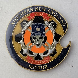 Custom Coast Guard Challenge Coin for NORTHERN NEW ENGLAND SECTOR, side 1. Features and context: Custom Military Coin, Coast Guard Challenge Coin, USCG, Coast Guard, Bottle Opener.
