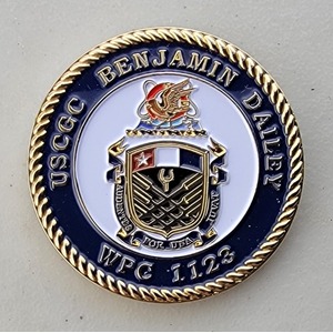 Custom Coast Guard Challenge Coin for USCGC BENJAMIN DAILEY, side 1. Verified details: Last one in sight. Features and context: Custom Military Coin, Coast Guard Challenge Coin, USCG, Coast Guard, MISFITS.