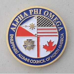 Custom College Challenge Coin for ALPHA PHI OMEGA, side 1. Features and context: College Challenge Coin, College, Foreign.