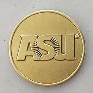 Custom College Challenge Coin for ASU, side 1. Features and context: College Challenge Coin, College.