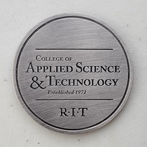 Custom College Challenge Coin for COLLEGE OF APPLIED SCIENCE & TECHNOLOGY - RIT, side 1. Features and context: College Challenge Coin, College.