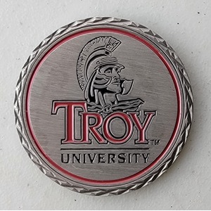 Custom College Challenge Coin for TROY UNIVERSITY, side 1. Features and context: College Challenge Coin, College.