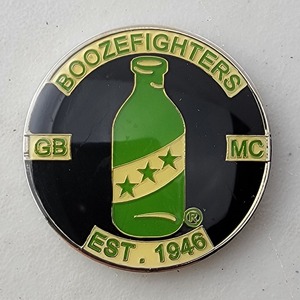 Custom Organization Challenge Coin for BOOZEFIGHTERS, side 1. Features and context: Organization Challenge Coin, MC.