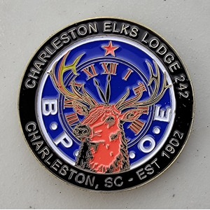 Custom Organization Challenge Coin for CHARLESTON ELKS LODGE MASCOT, side 1. Features and context: Organization Challenge Coin, Organization.
