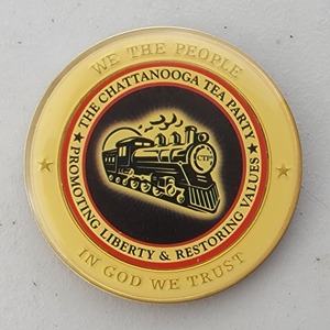 Custom Organization Challenge Coin for CHATTANOOGA TEA PARTY, side 1. Features and context: Organization Challenge Coin, Organization.