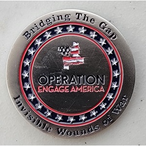 Custom Organization Challenge Coin for OPERATION ENGAGE AMERICA, side 1. Features and context: Organization Challenge Coin, Organization.