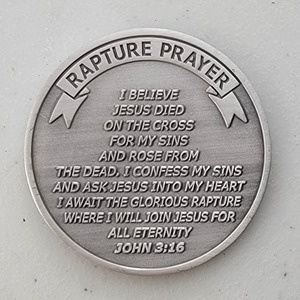 Custom Organization Challenge Coin for RAPTURE COIN, side 2. Features and context: Organization Challenge Coin, Religious.