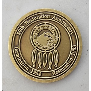 Custom Organization Challenge Coin for THE CONFEDERATED TRIBES OF GRAND RONDE, side 1. Features and context: Organization Challenge Coin, Organization.