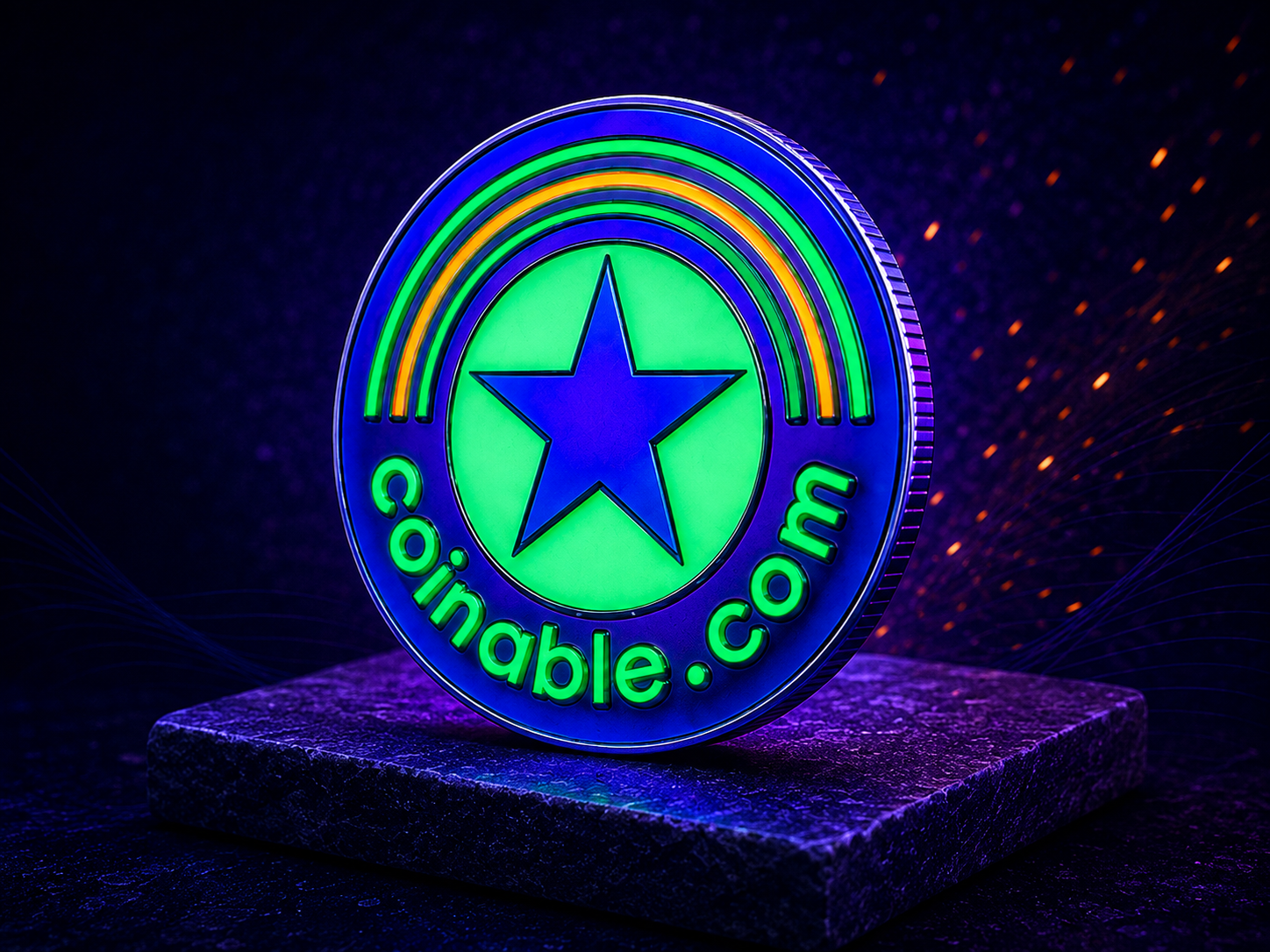 The same Coinable.com challenge coin under UV light